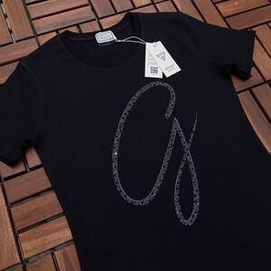 GUESS Black Short-Sleeve Logo Tee with Crystal Accents